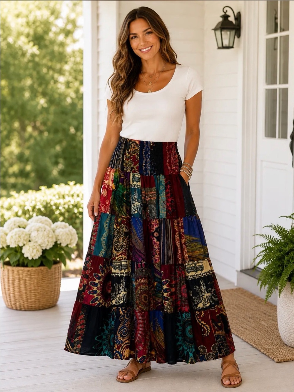 Rising International Patchwork Maxi Skirt - Burgundy, Teal, Navy, Black
